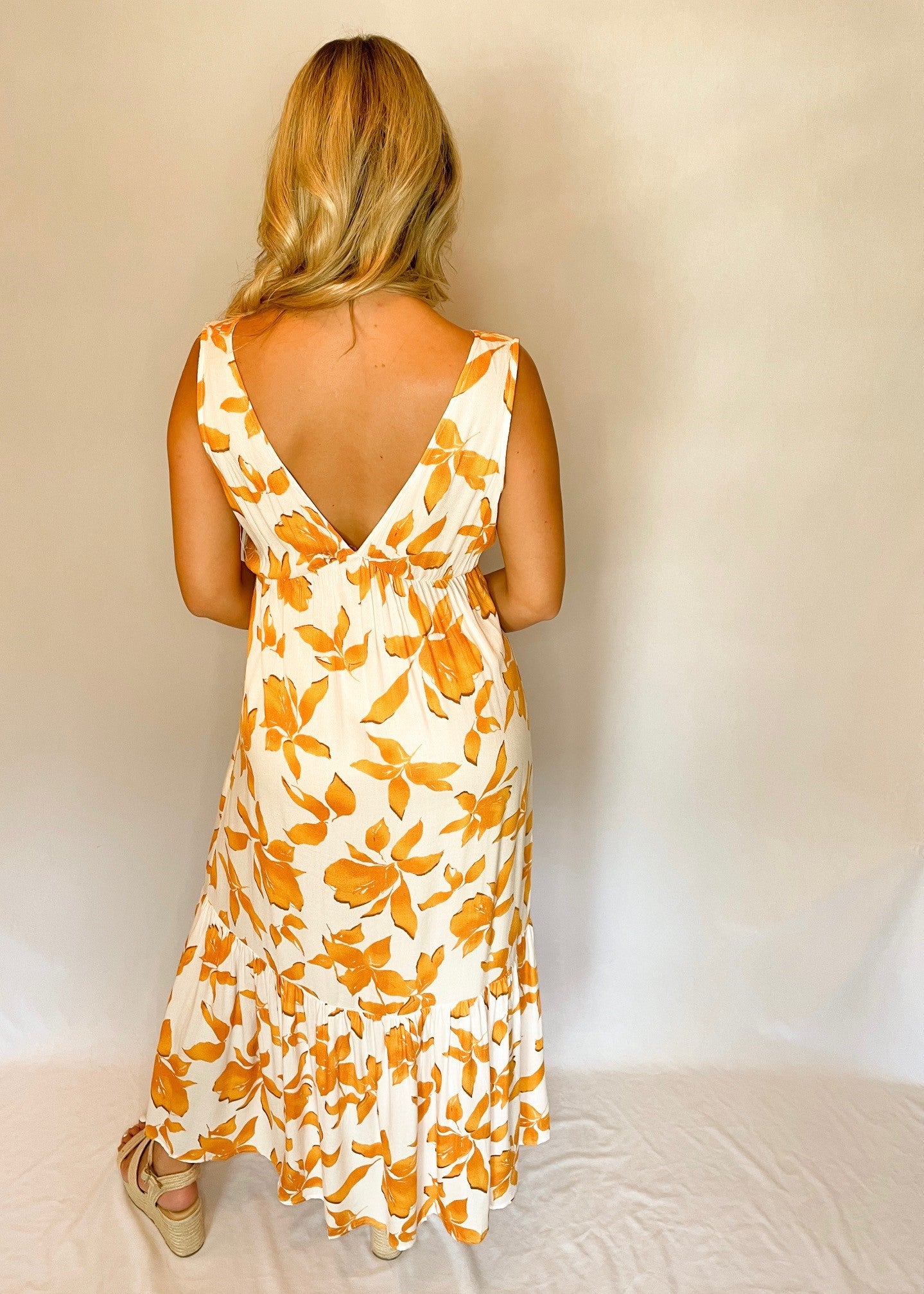 Cream and Orange Floral Maxi Dress