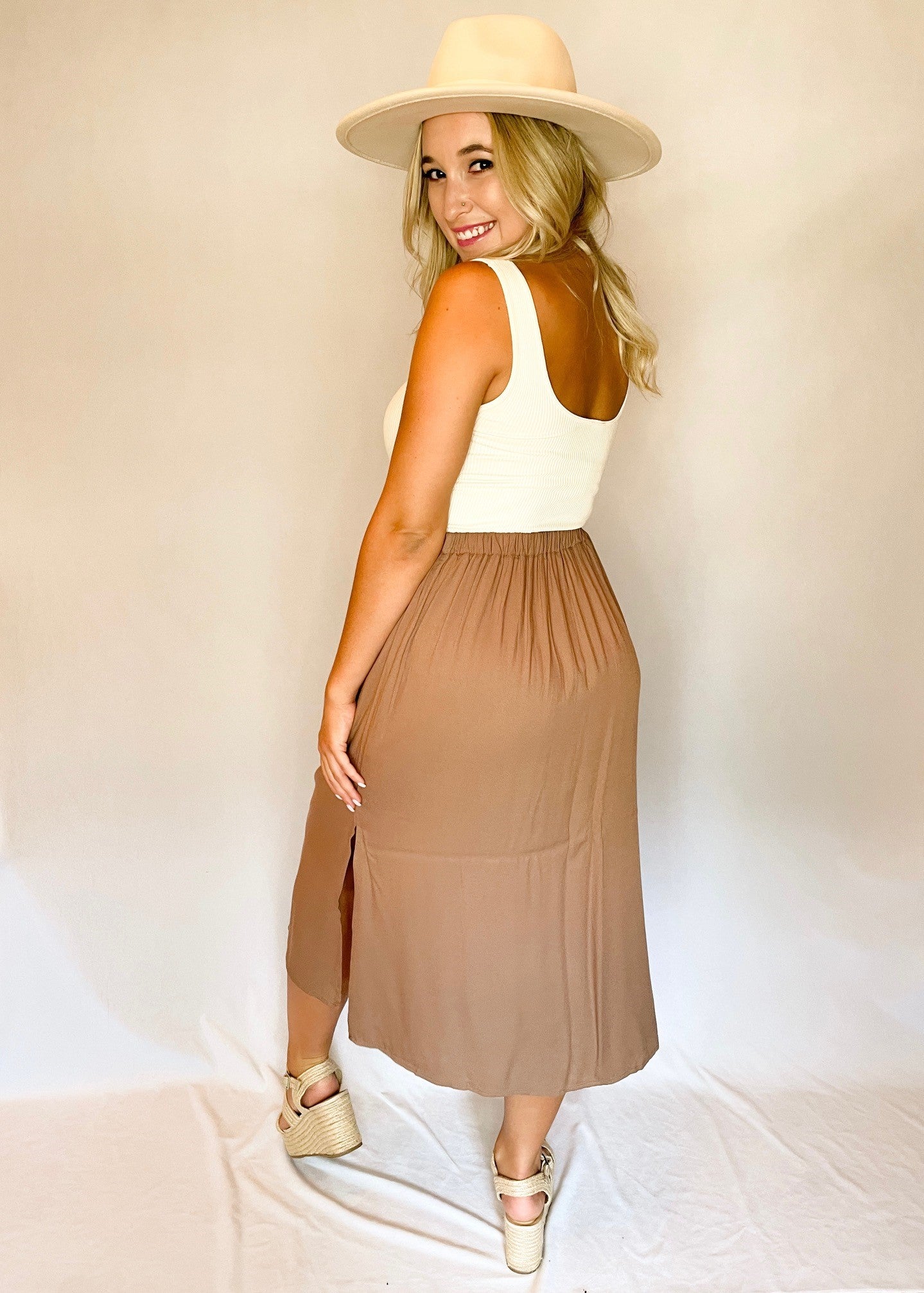 Brown Elastic Back Midi Skirt
