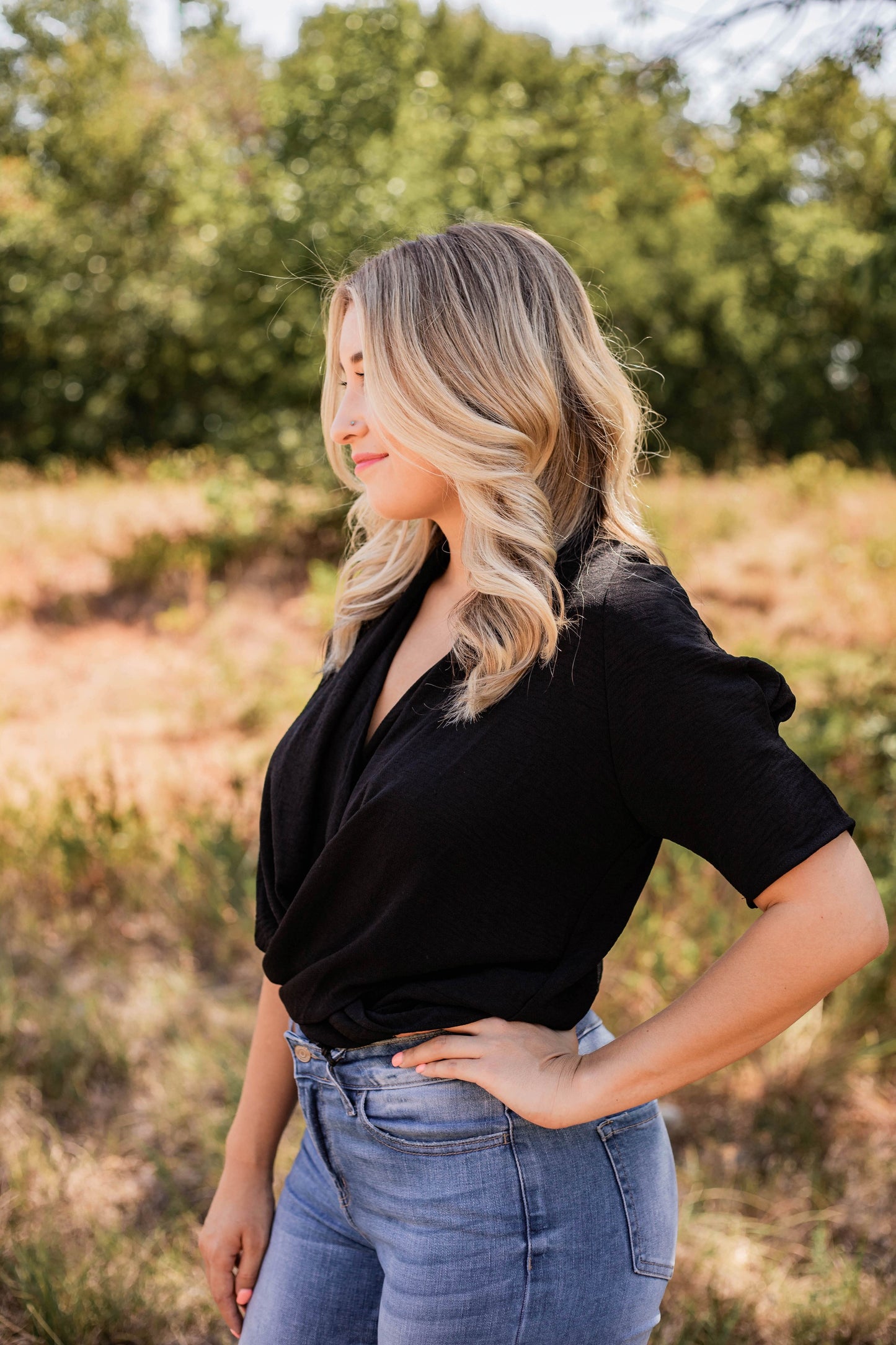 Black Deep V-neck Pleated Sleeve Bodysuit