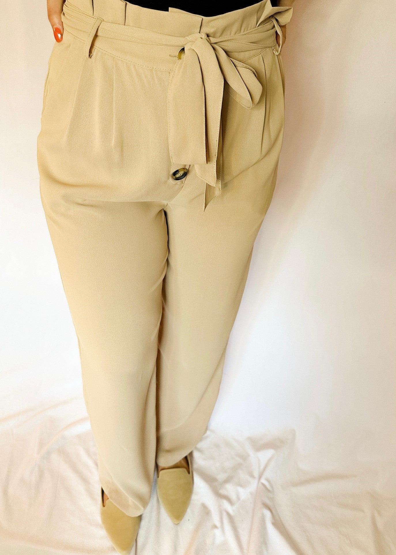Taupe Paperbag Pants with Waist Tie