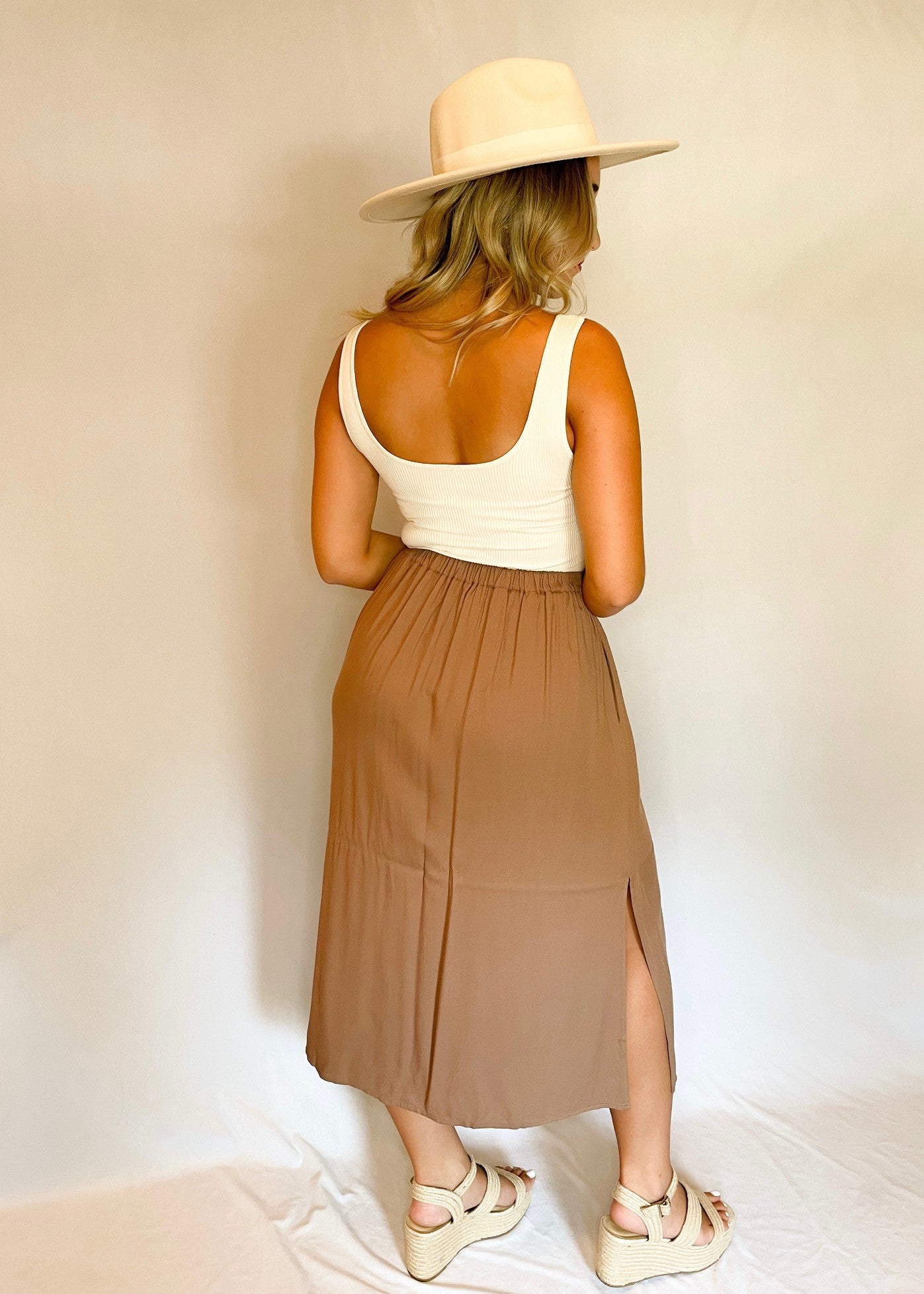 Brown Elastic Back Midi Skirt