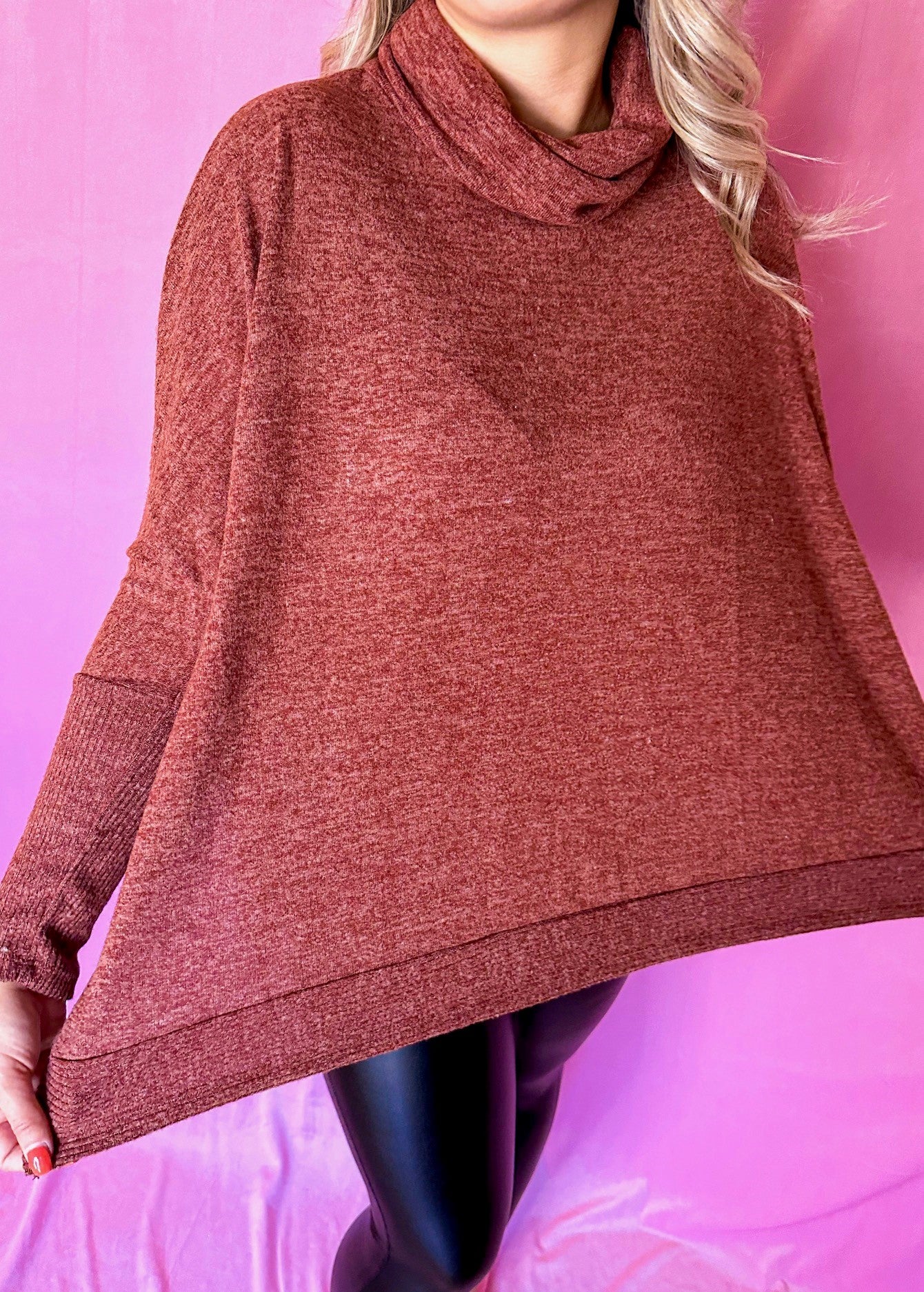 Rust Cowl Neck Hi-low Sweater