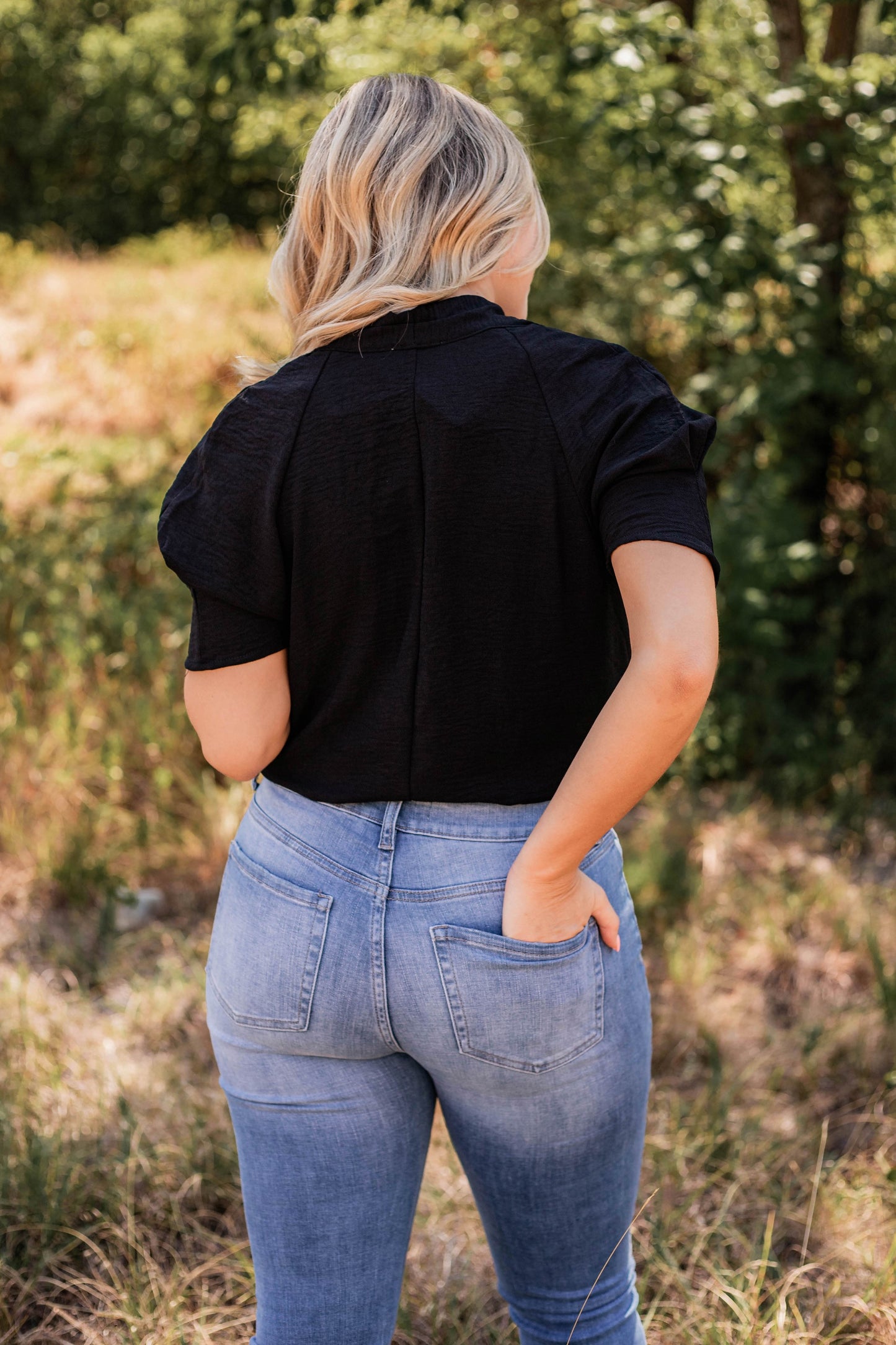 Black Deep V-neck Pleated Sleeve Bodysuit