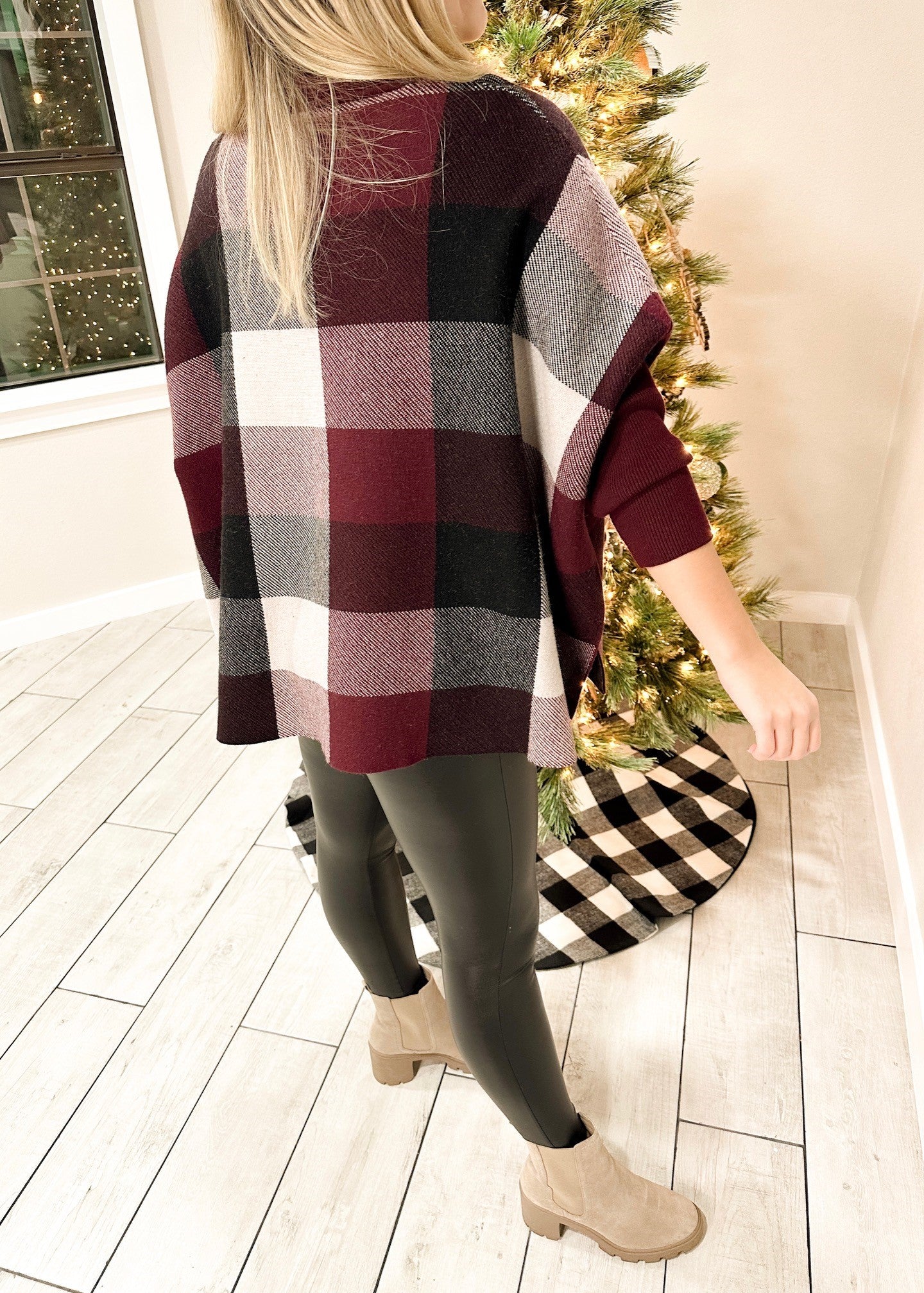 Burgundy Plaid Turtleneck Poncho