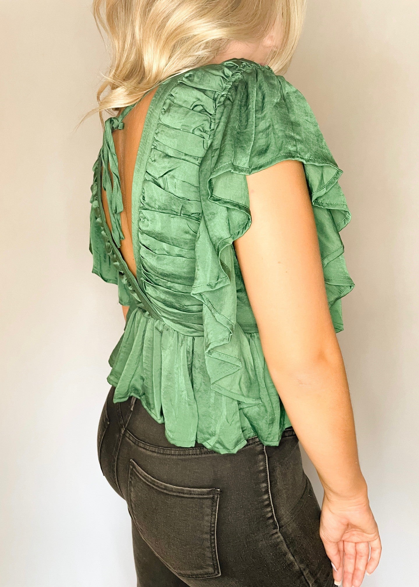 Emerald Green V Neck Butterfly Sleeve Top