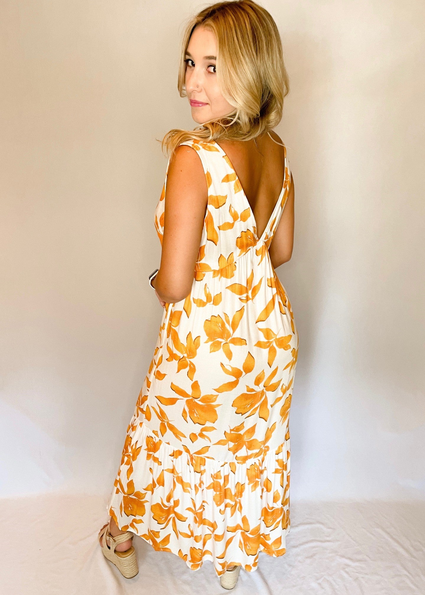 Cream and Orange Floral Maxi Dress