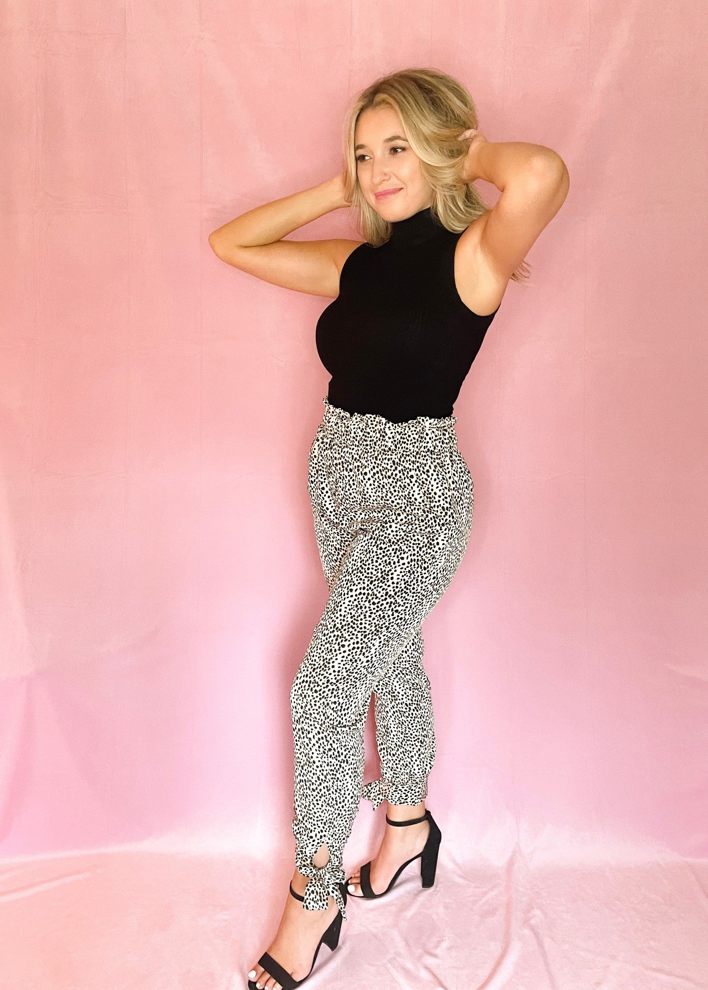 Cheetah Print Paper Bag Pants with Ankle Tie Detail