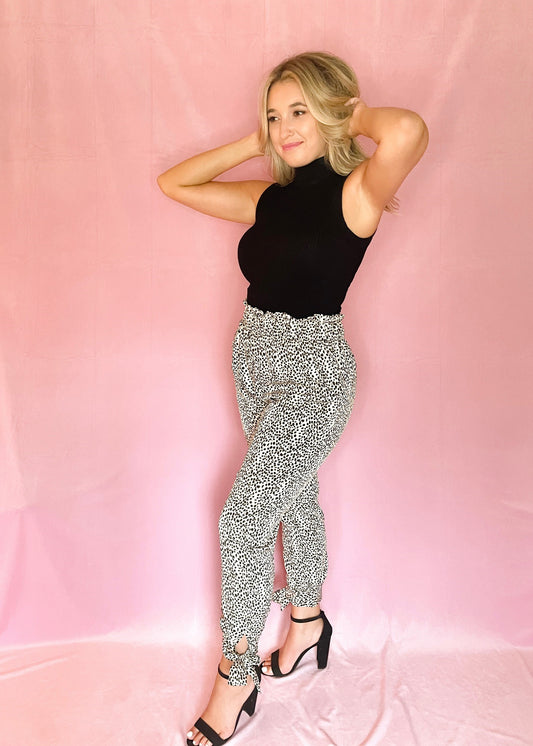 Cheetah Print Paper Bag Pants with Ankle Tie Detail