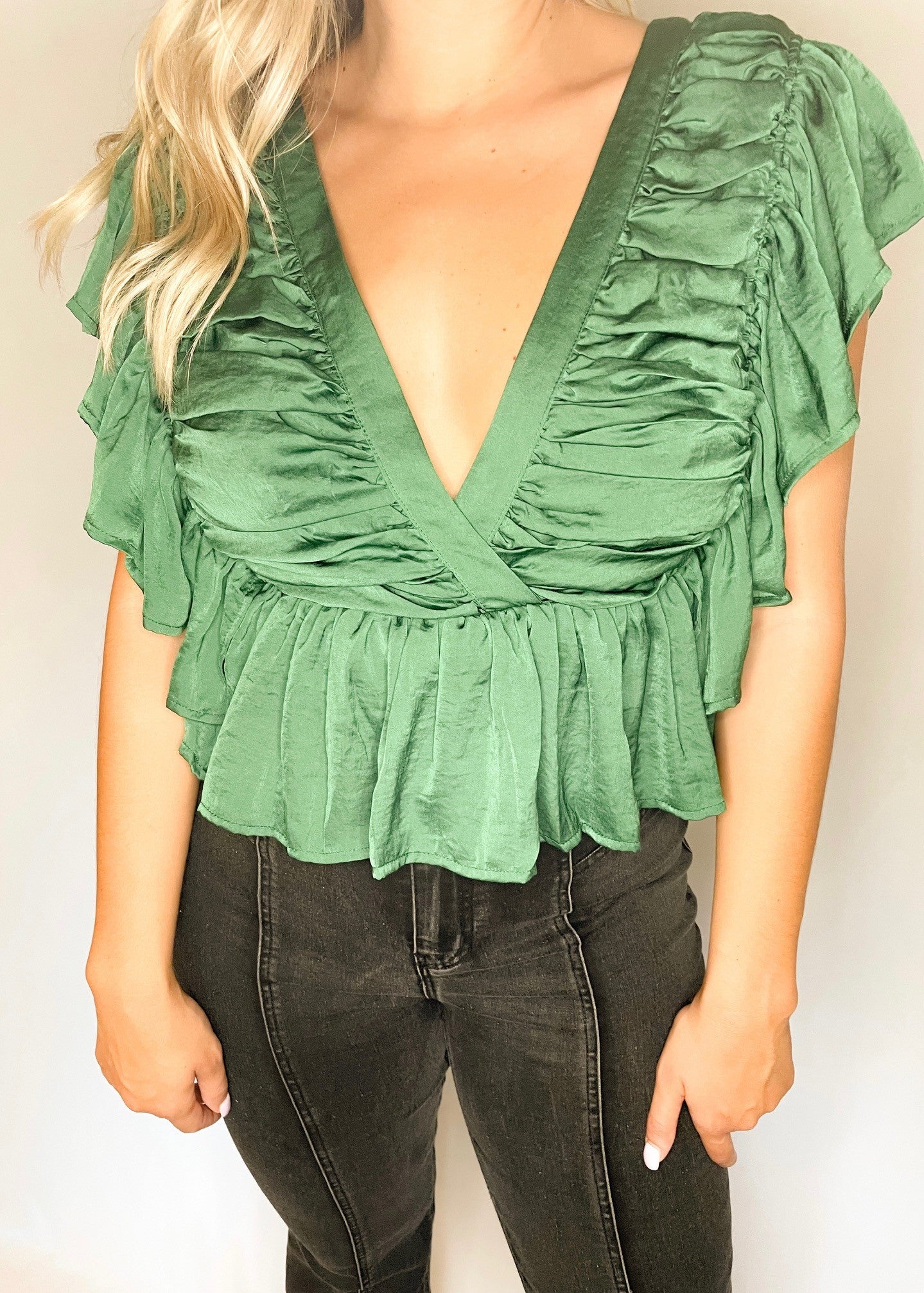 Emerald Green V Neck Butterfly Sleeve Top