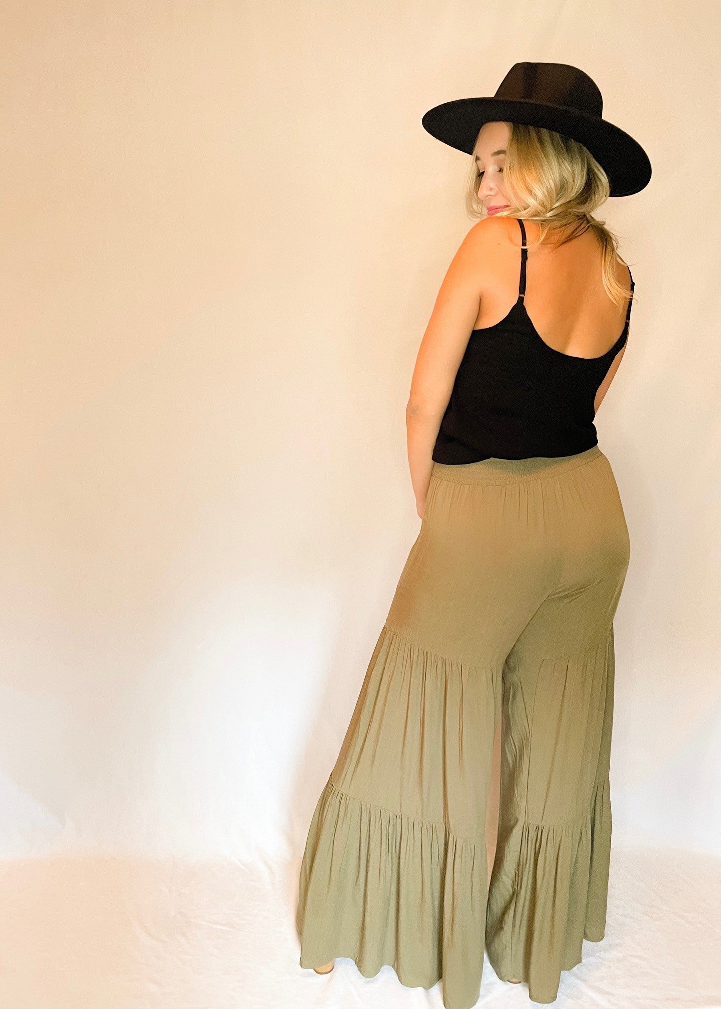 Olive Tiered Waist Tie Palazzo Pants