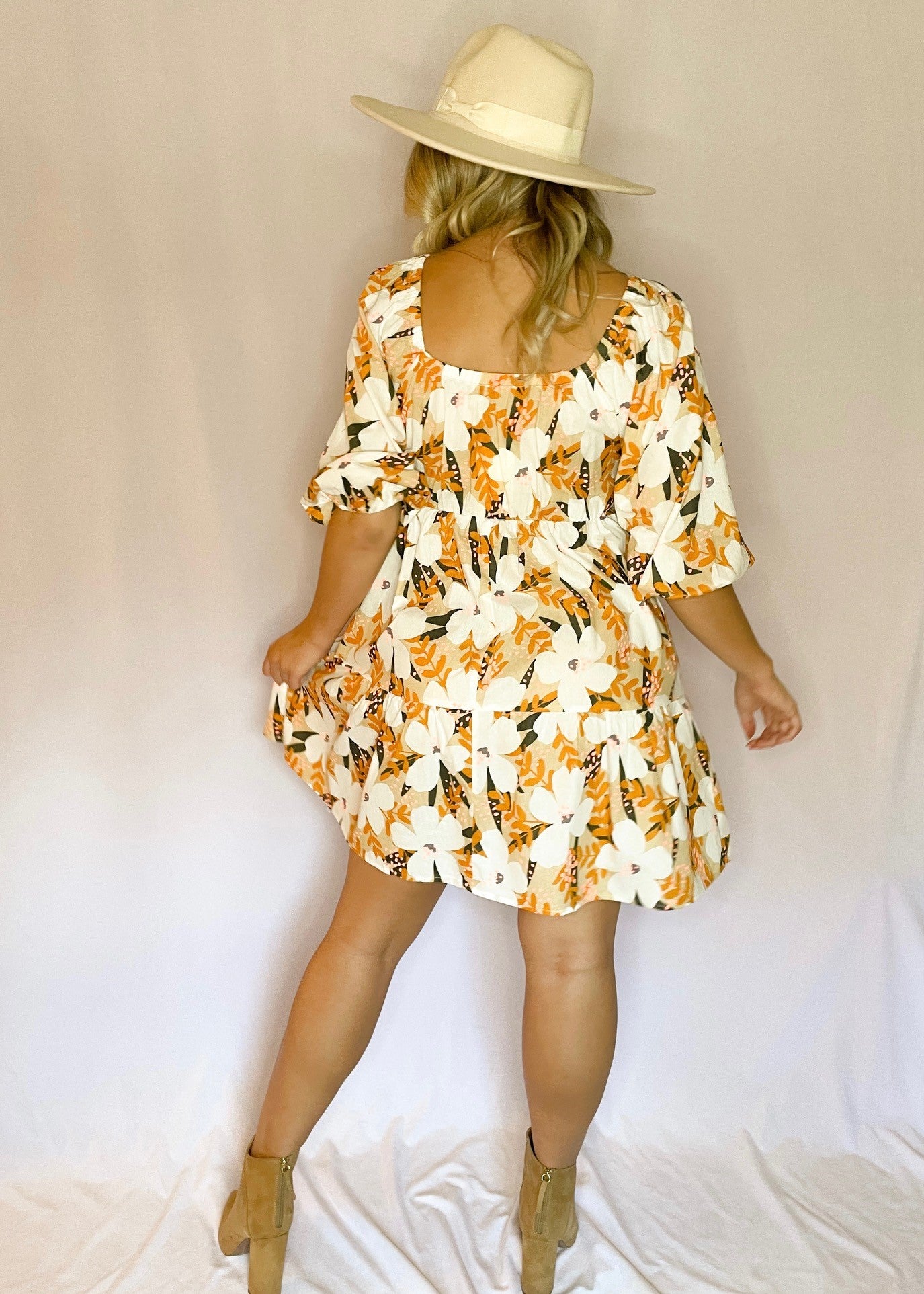 Taupe Floral Puff Sleeve Dress *FINAL SALE*
