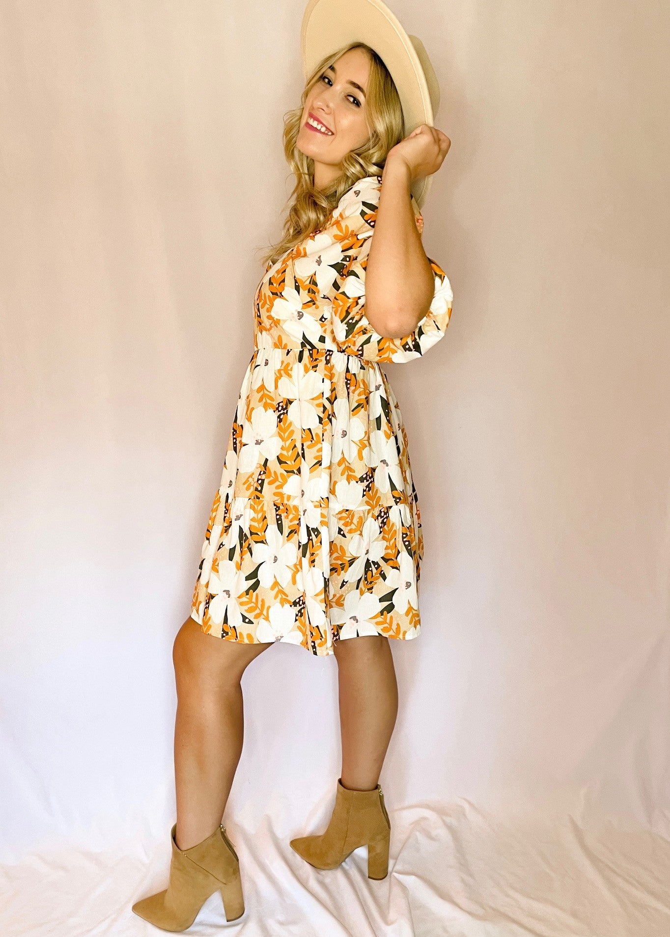 Taupe Floral Puff Sleeve Dress *FINAL SALE*