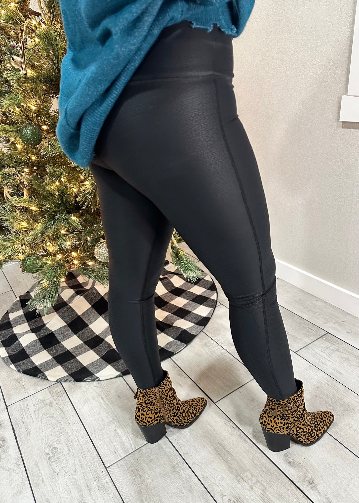 Black Foil High Waisted Faux Leather Leggings