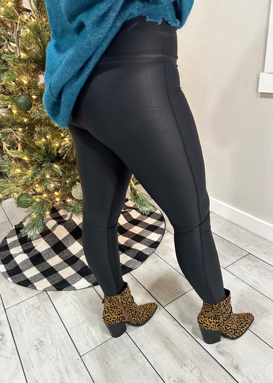 Black Foil High Waisted Faux Leather Leggings