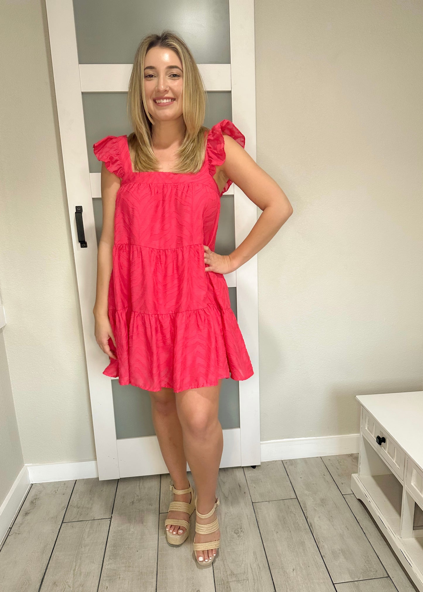 Fuchsia Ruffle Sleeve Back Tie Dress