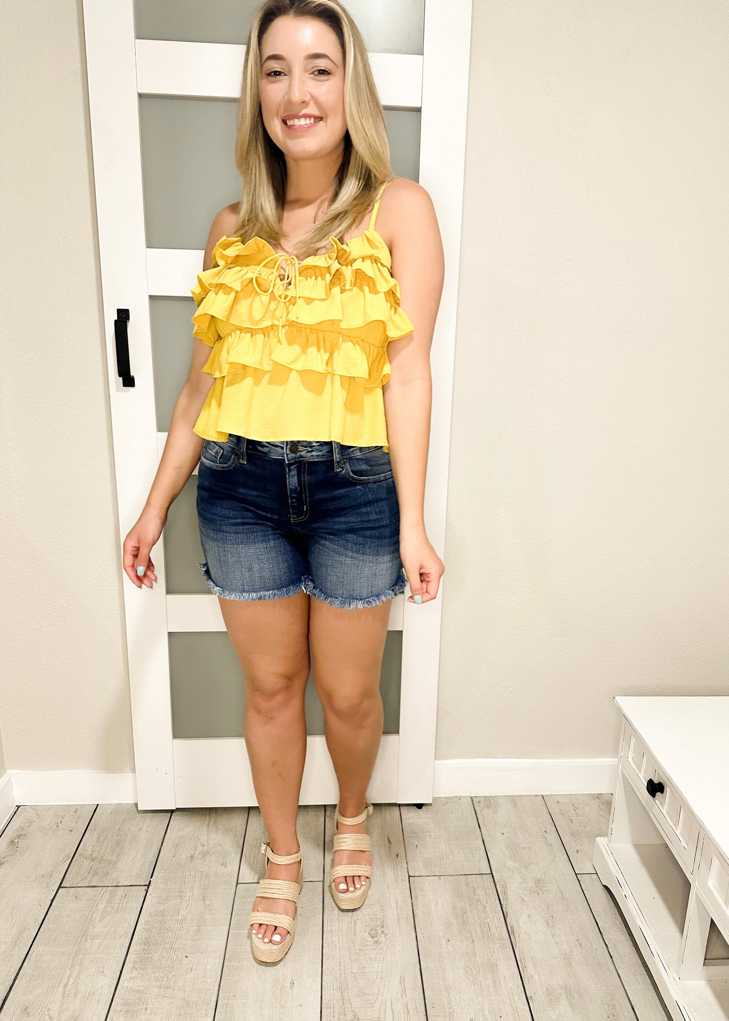 Chartreuse V-Neck Ruffled Tank Top