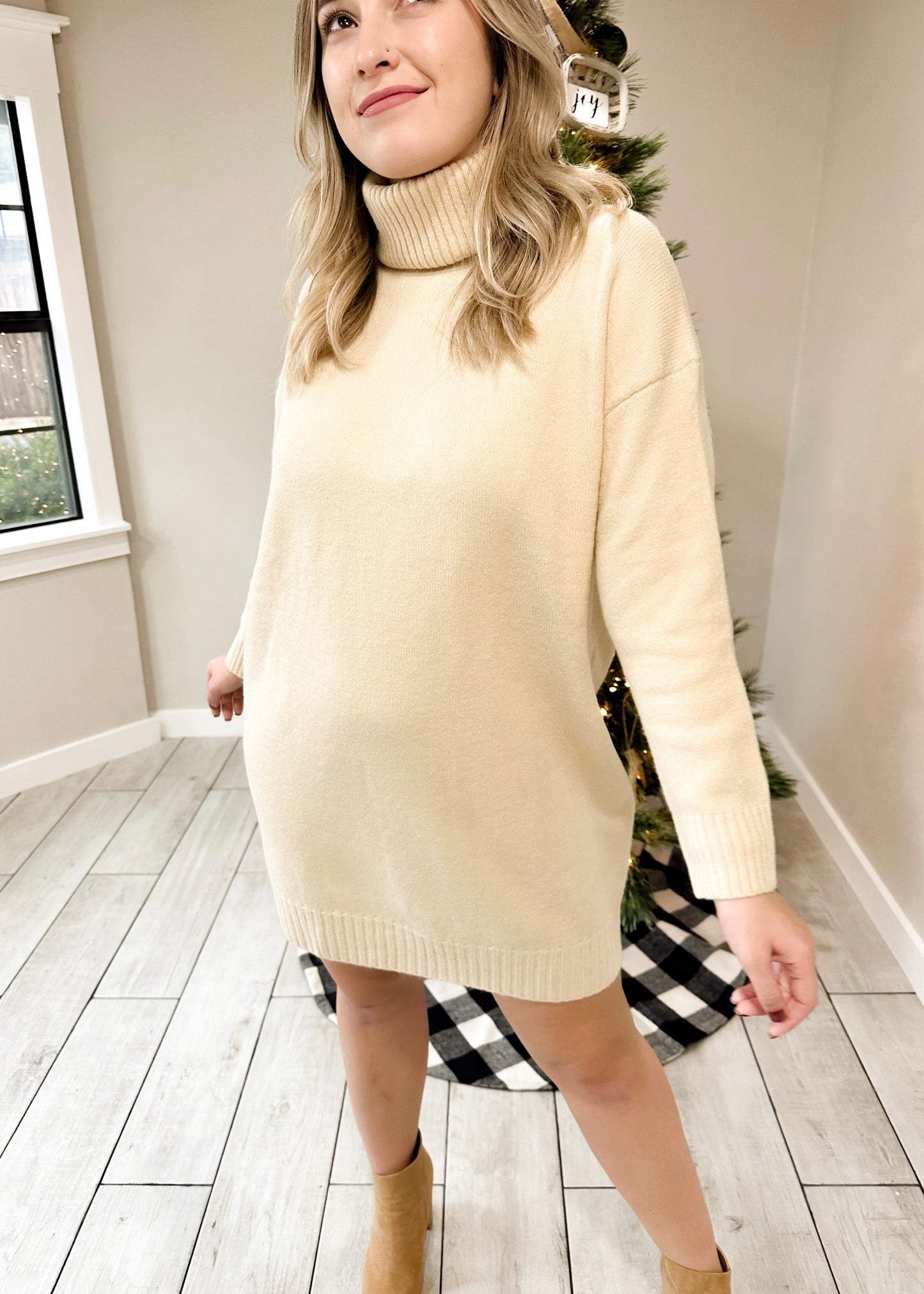 Oatmeal Turtleneck Long Sleeve Sweater Dress