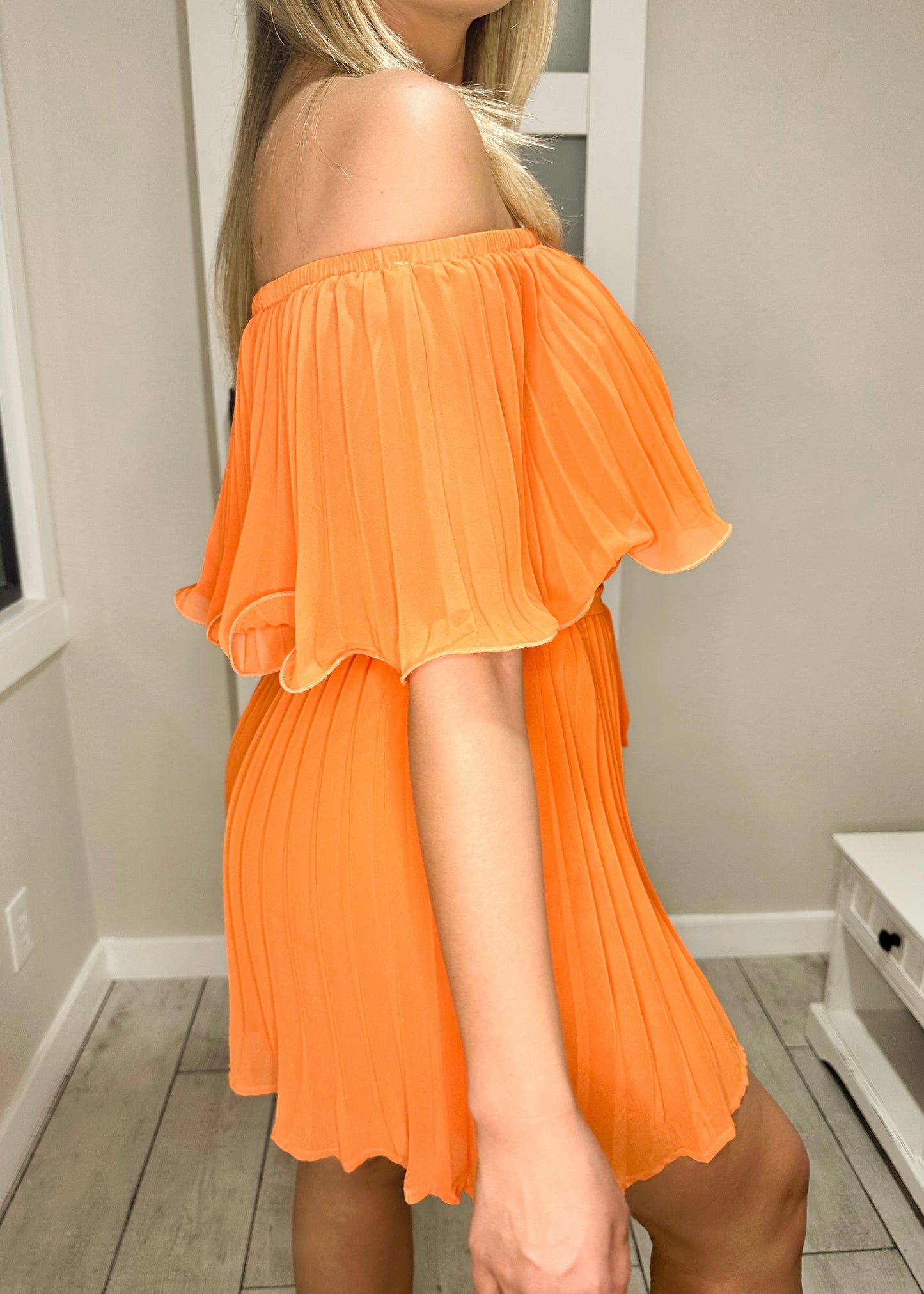 Orange Pleated Off Shoulder Romper