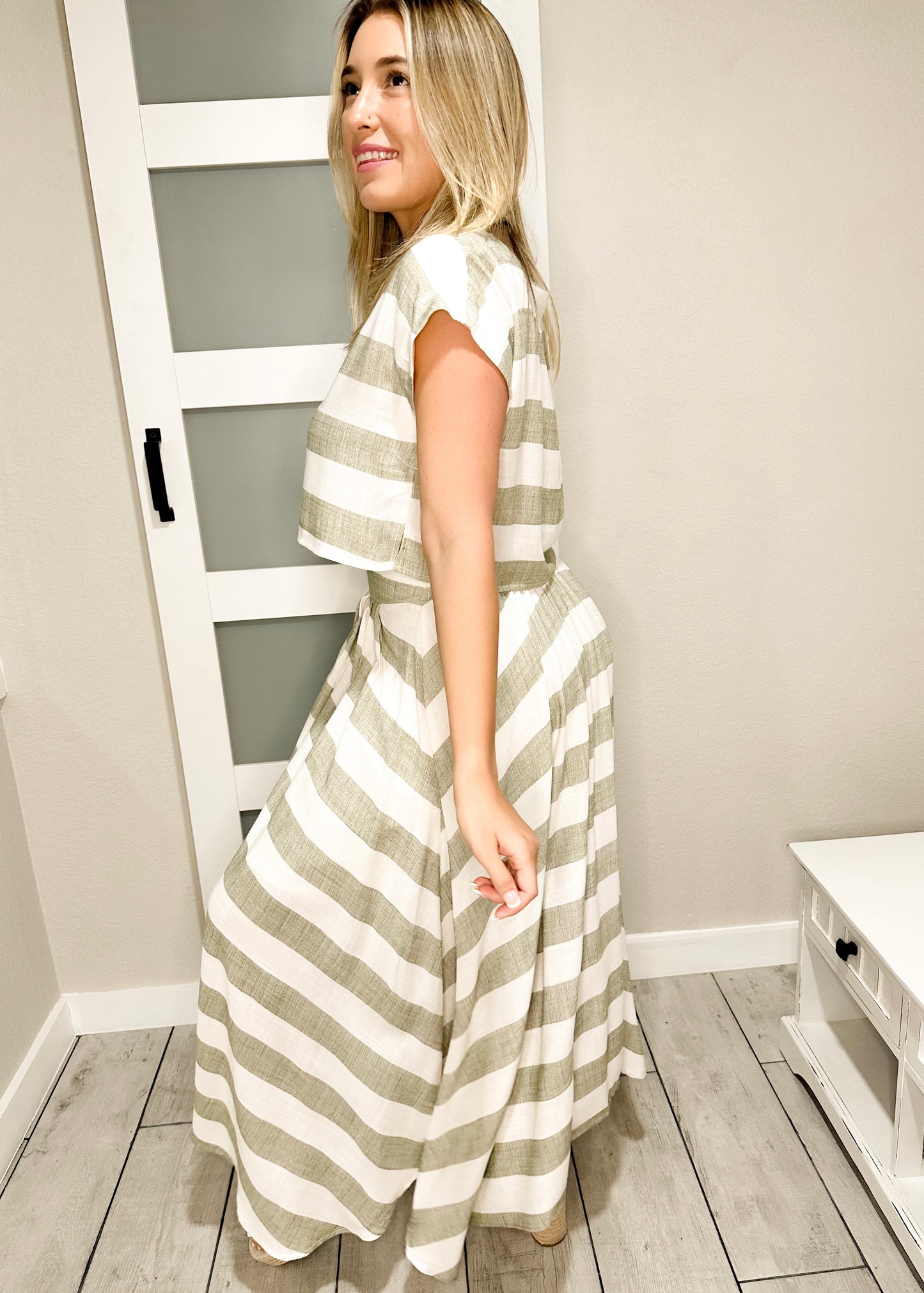 Olive Striped Top & Skirt Set