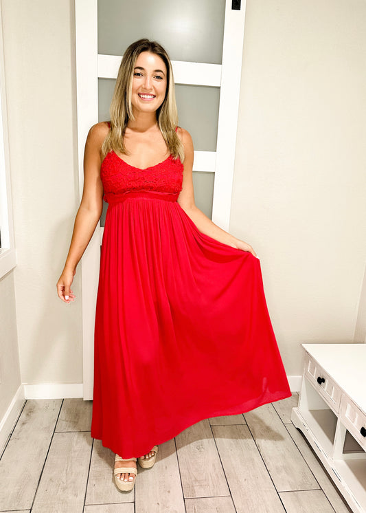 Rose Lace Top Open Back Maxi Dress