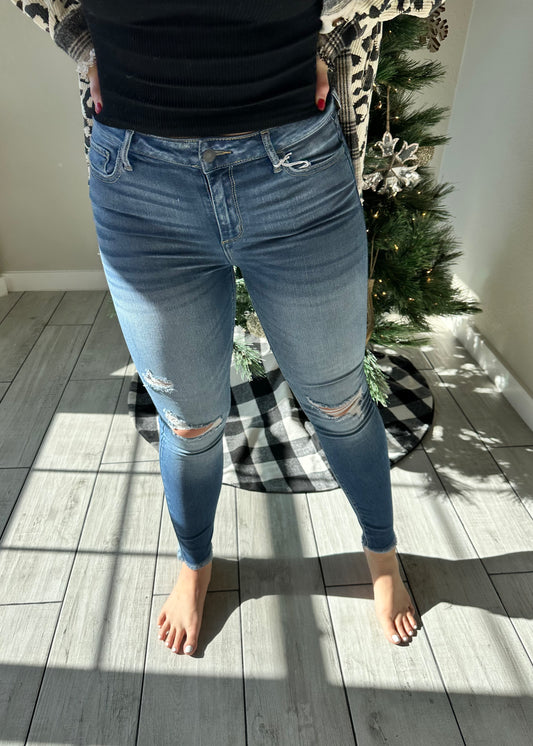 Medium Wash Frayed Hem Skinny Jeans