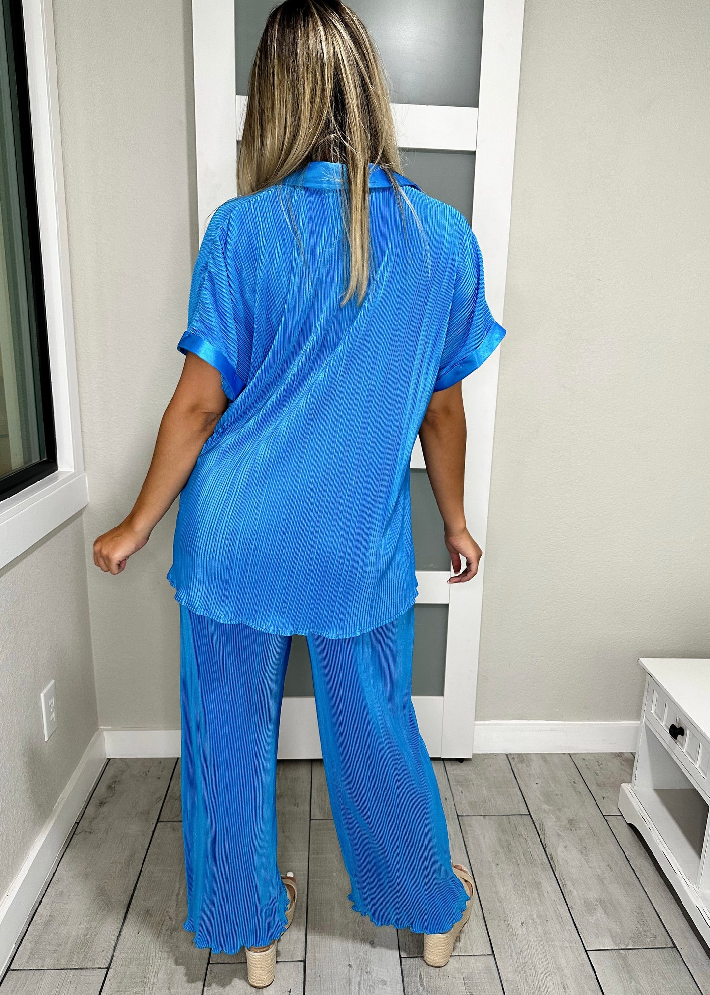 Cobalt Blue Pleated Button Down Blouse