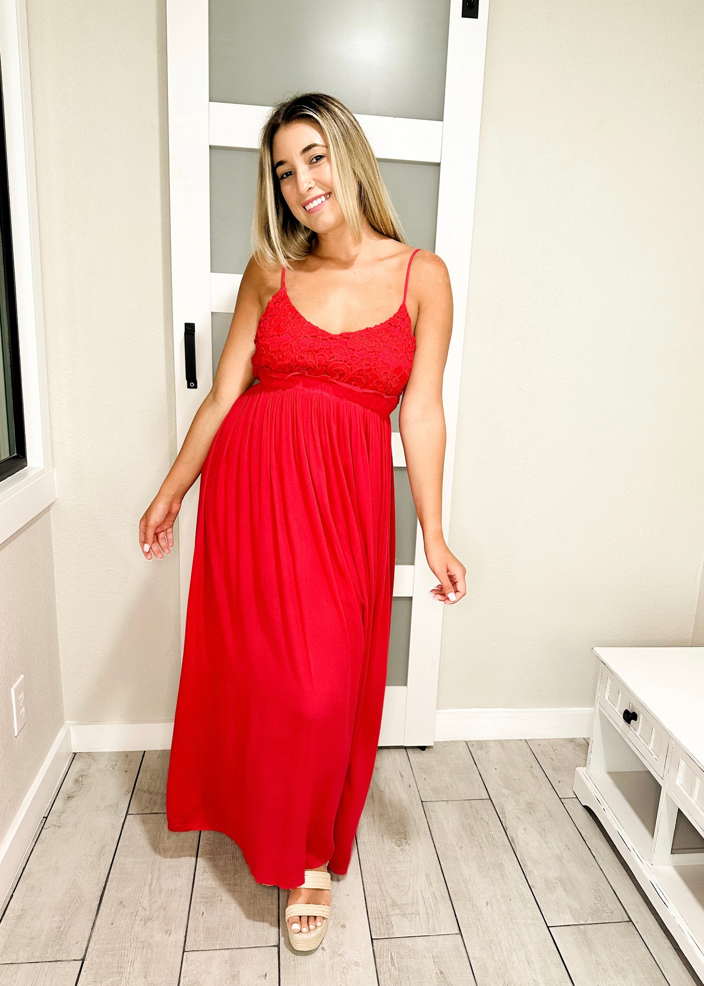 Rose Lace Top Open Back Maxi Dress