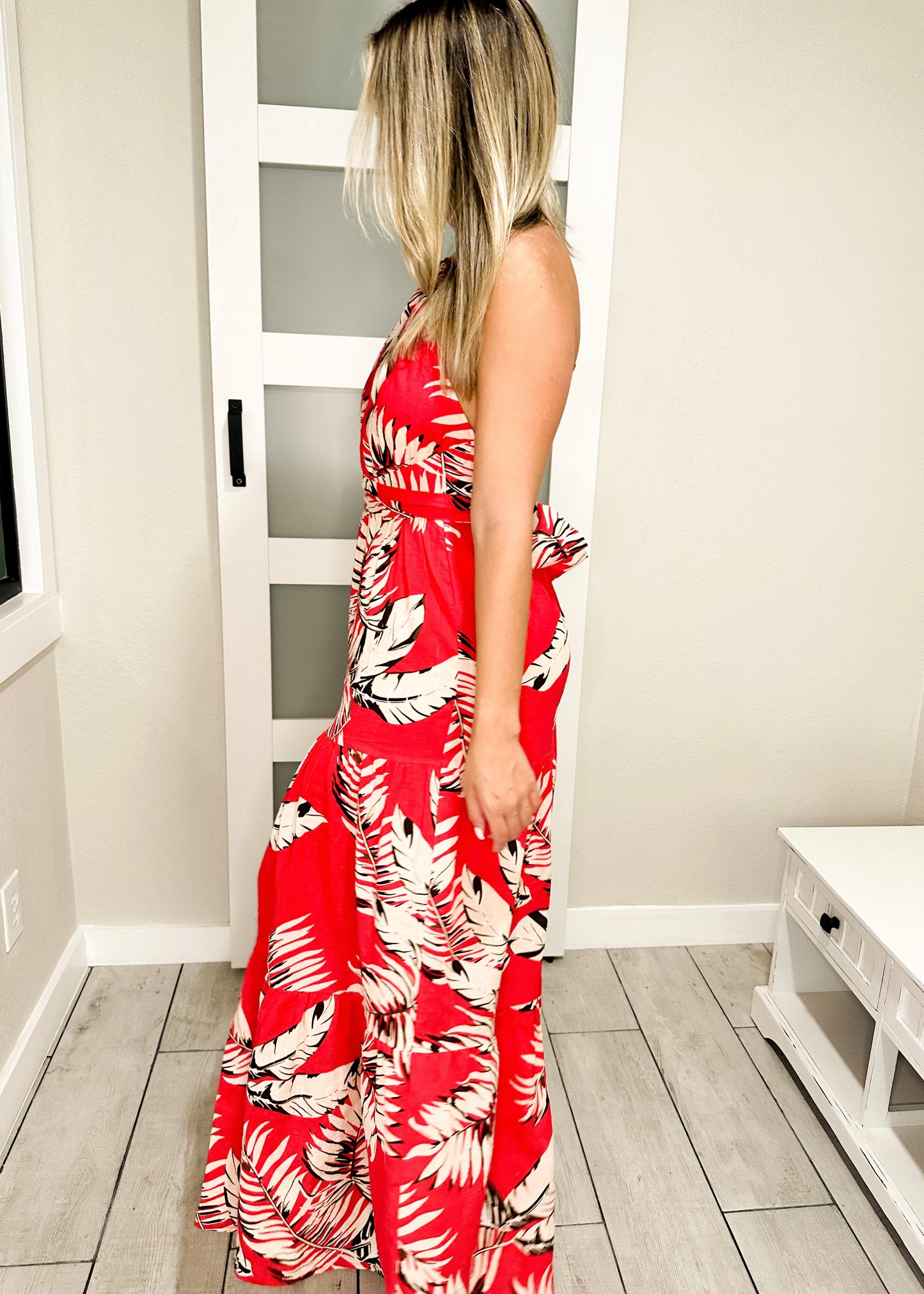 Red Tropical Halter Neck Maxi Dress
