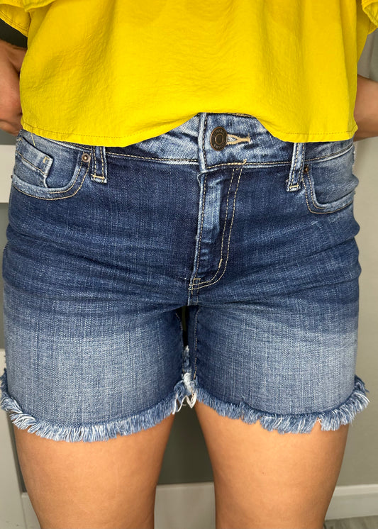 Dark Wash Frayed Hem Denim Shorts