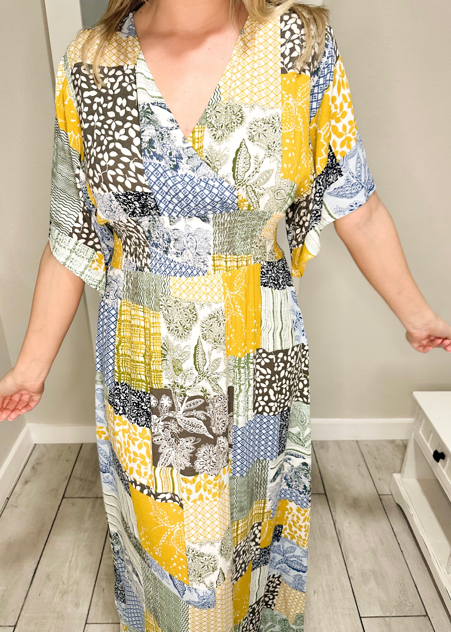 Boho Patchwork Smocked V-Neck Maxi Dress