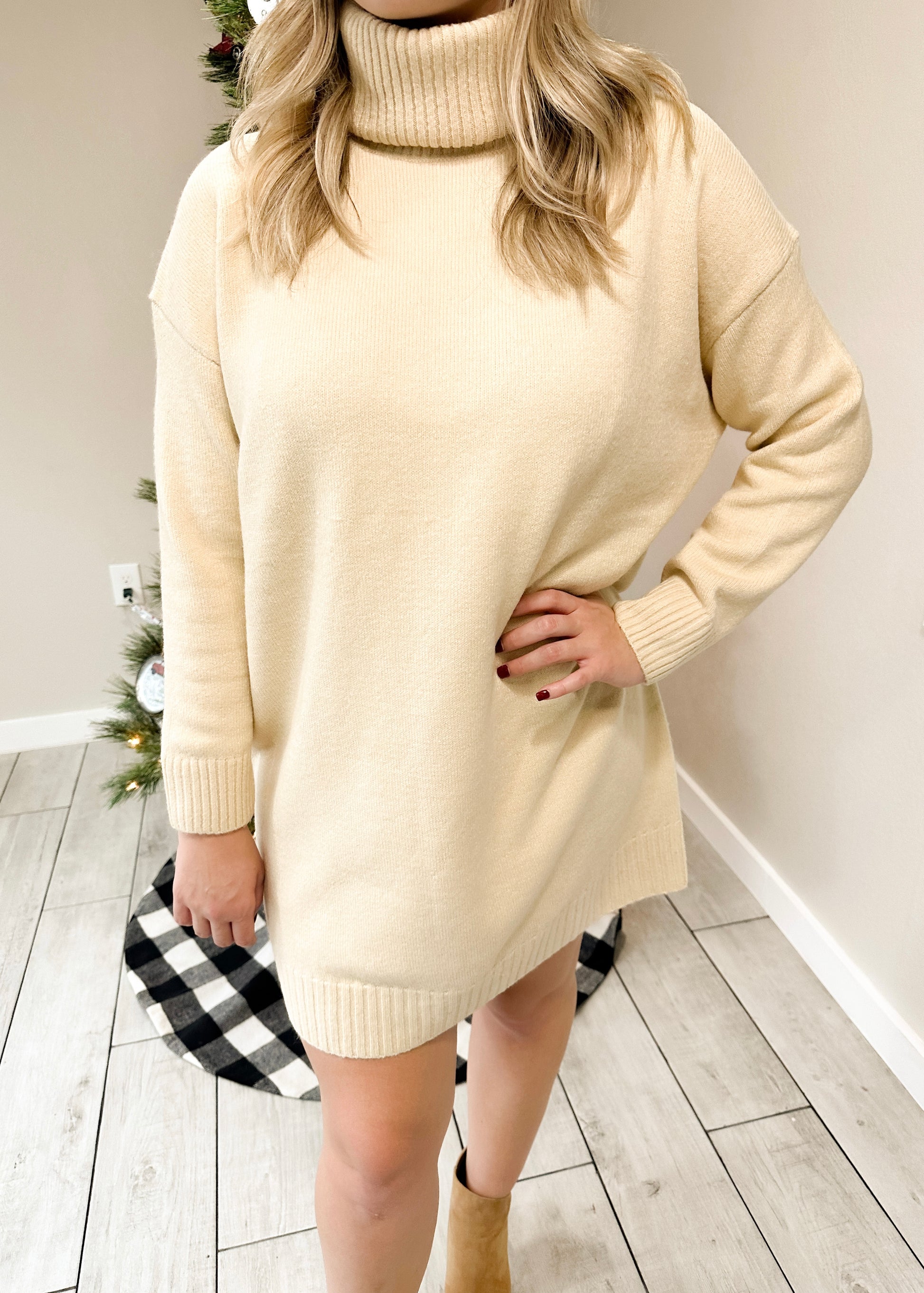 Oatmeal Turtleneck Long Sleeve Sweater Dress