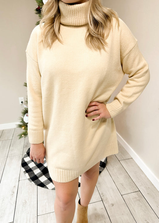 Oatmeal Turtleneck Long Sleeve Sweater Dress