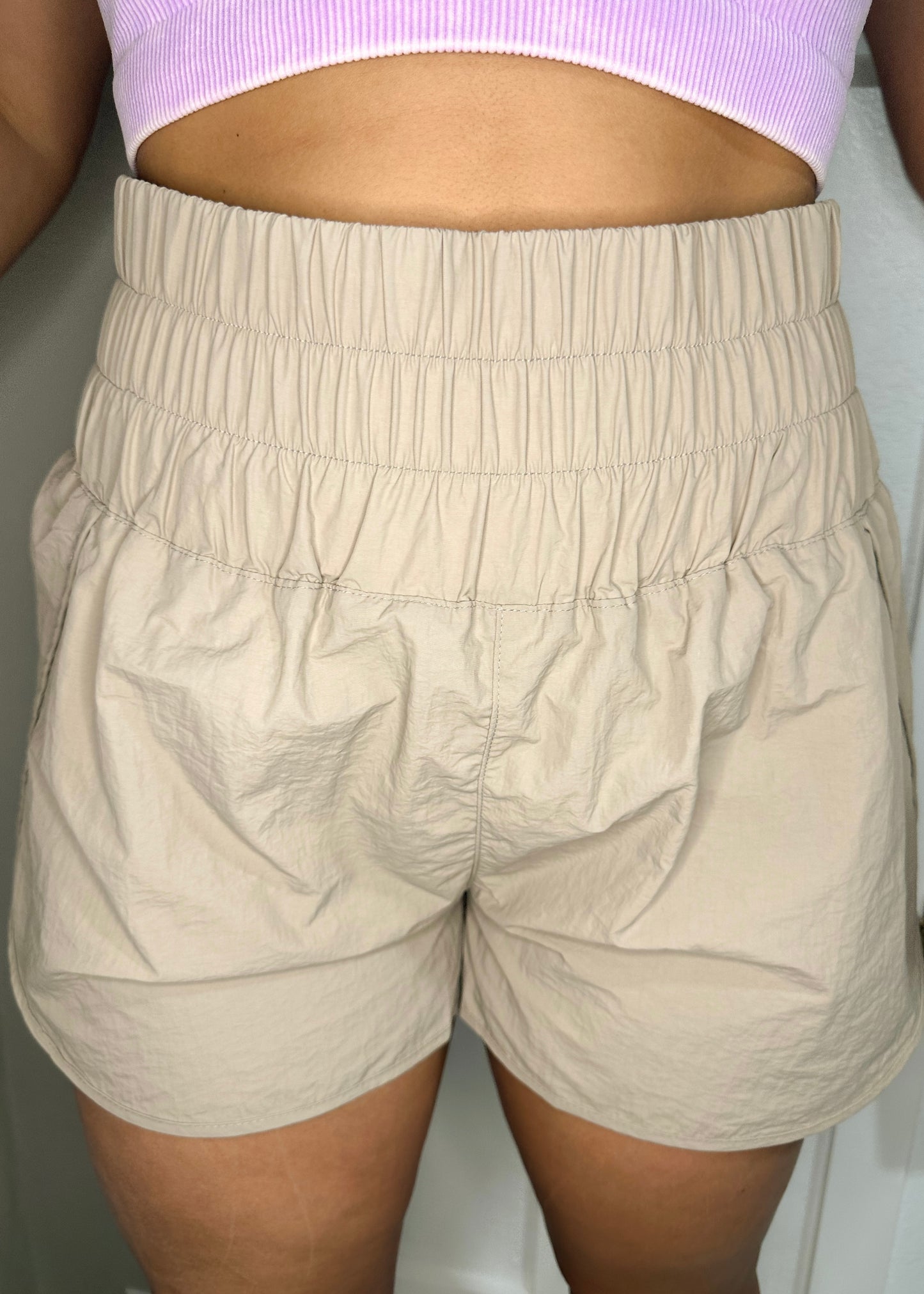 Light Mocha Windbreaker Smocked Waistband Running Shorts