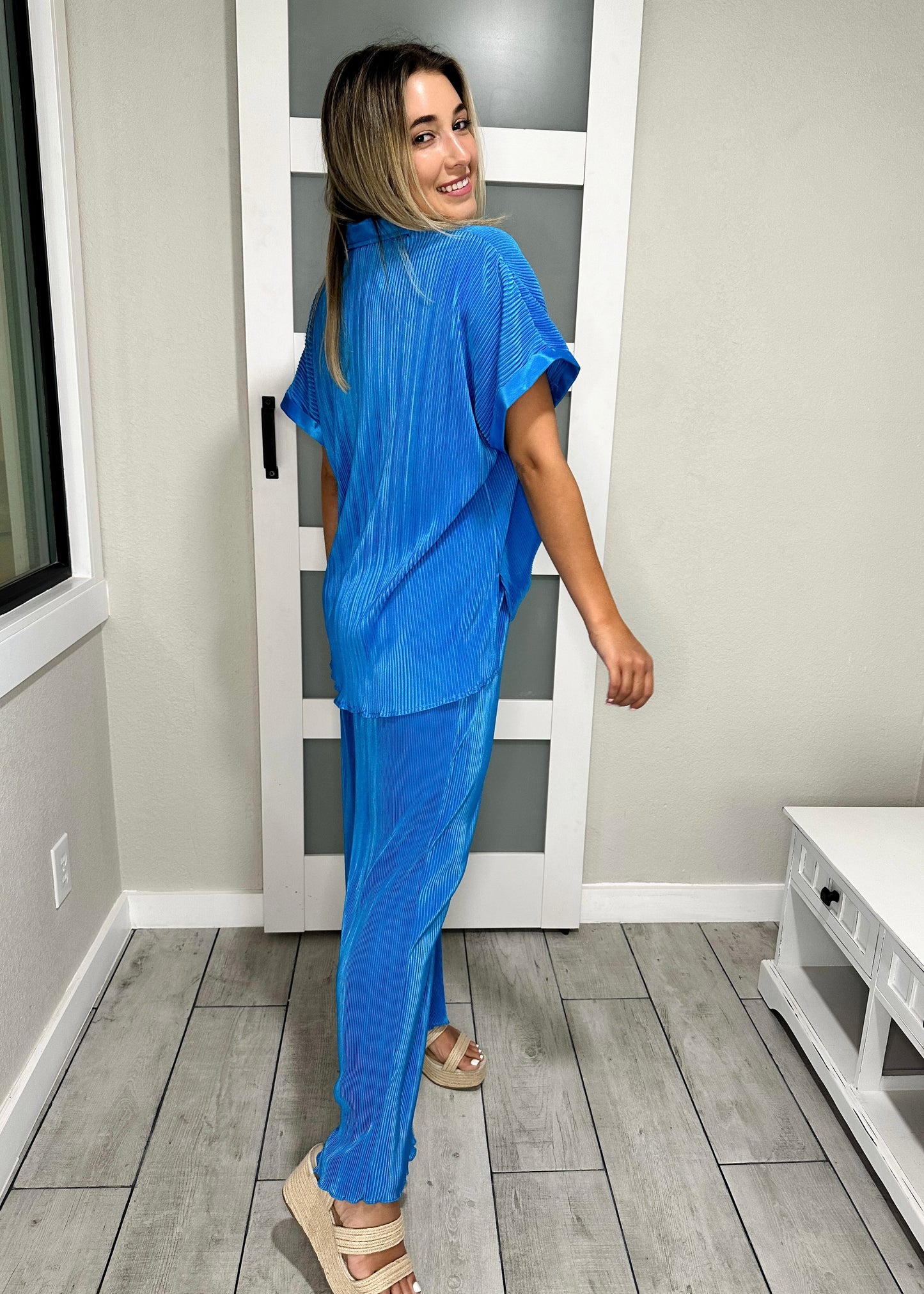 Cobalt Blue Pleated Button Down Blouse