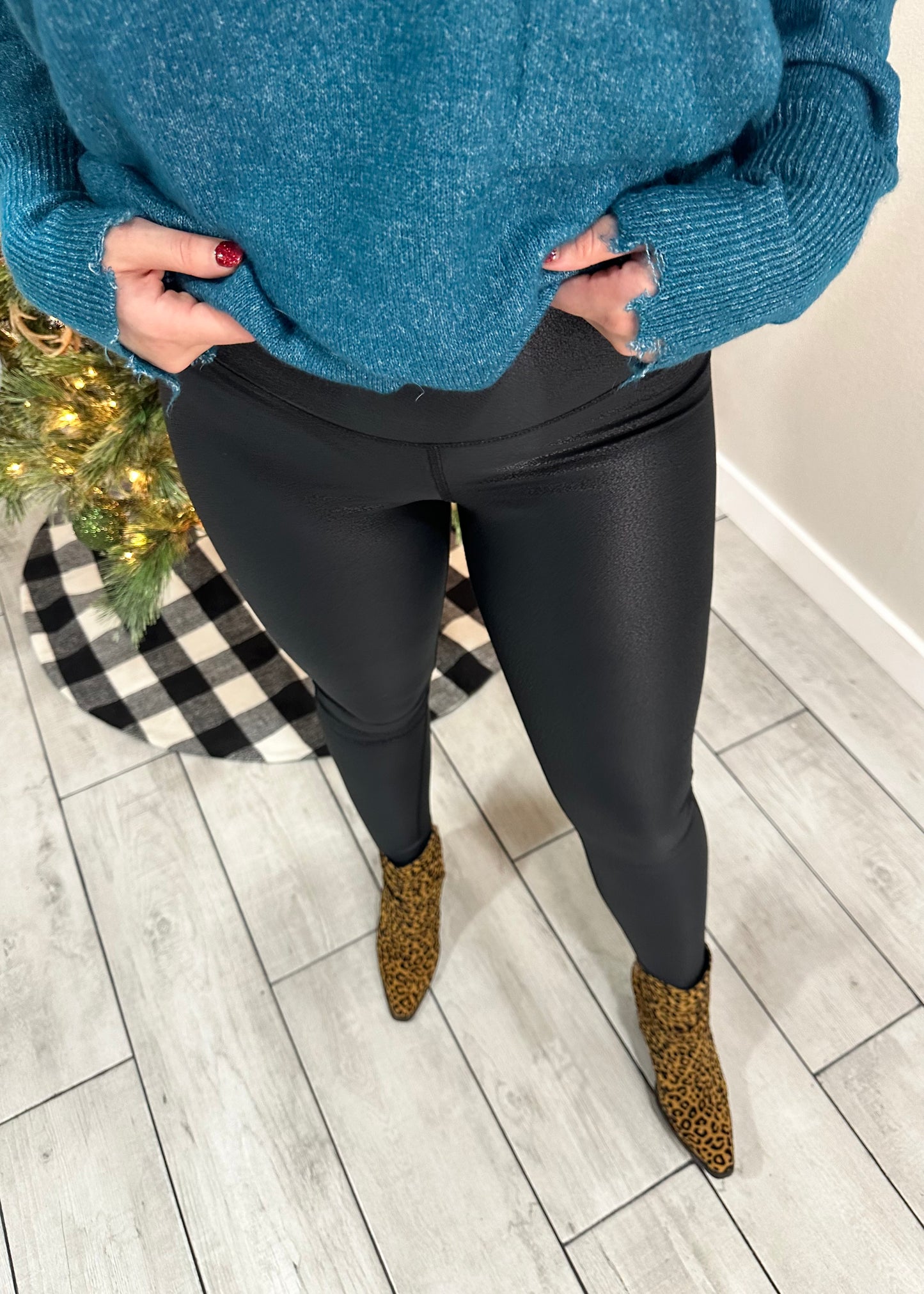 Black Foil High Waisted Faux Leather Leggings