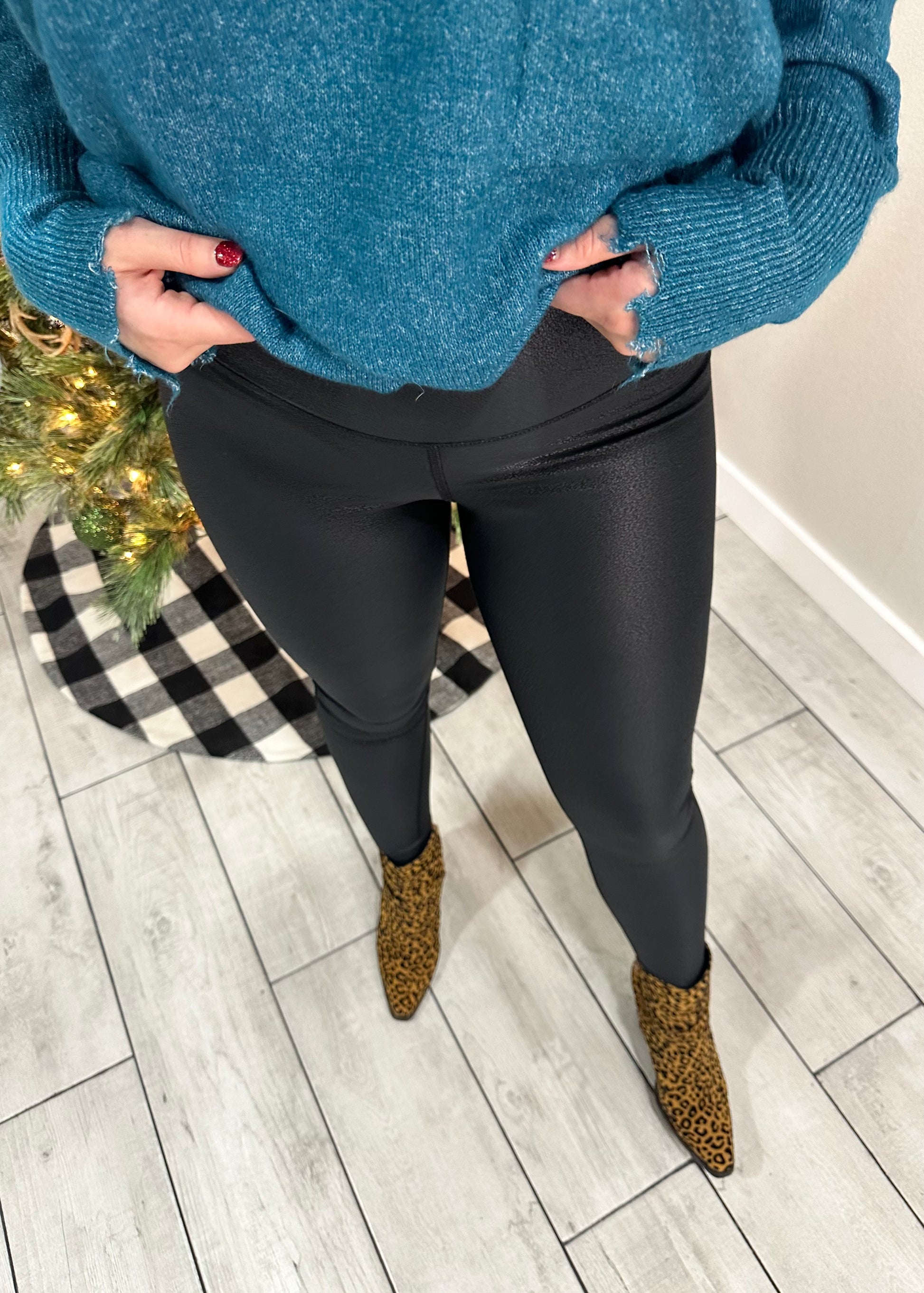 Black Foil High Waisted Faux Leather Leggings
