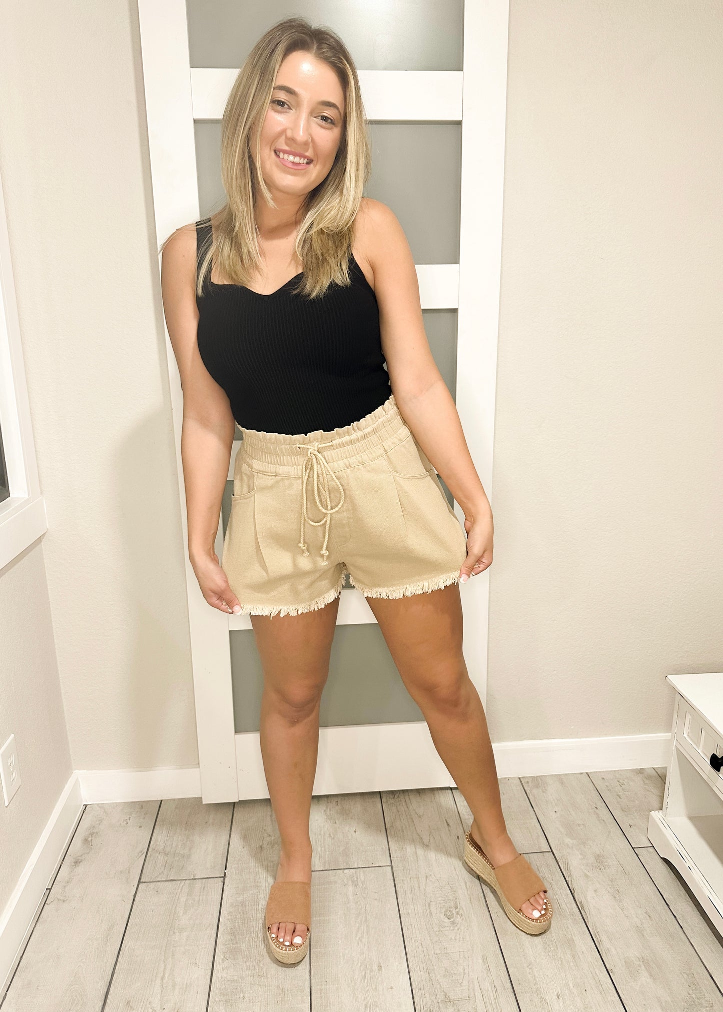 Taupe Stone Washed Waist Tie Shorts