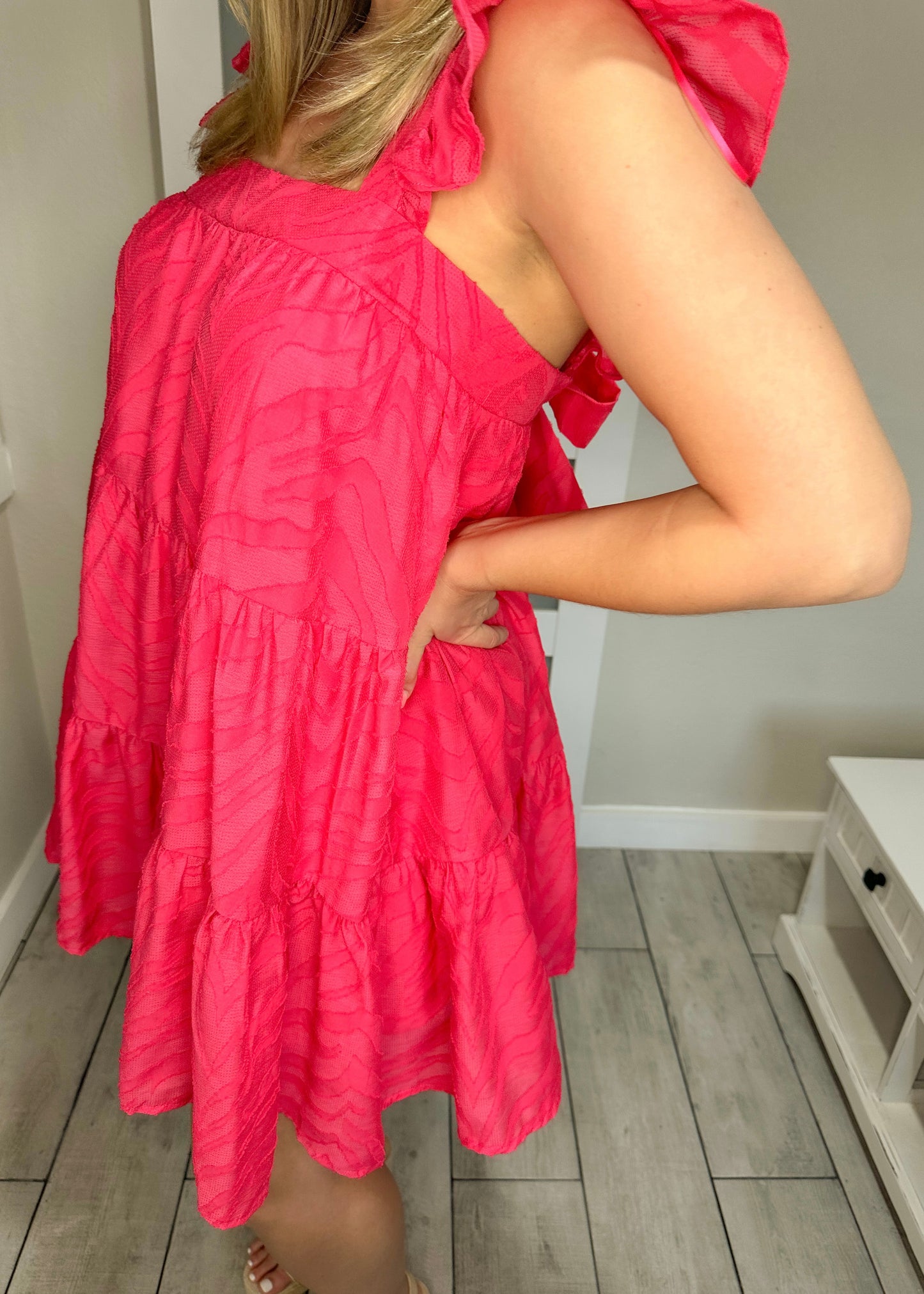 Fuchsia Ruffle Sleeve Back Tie Dress