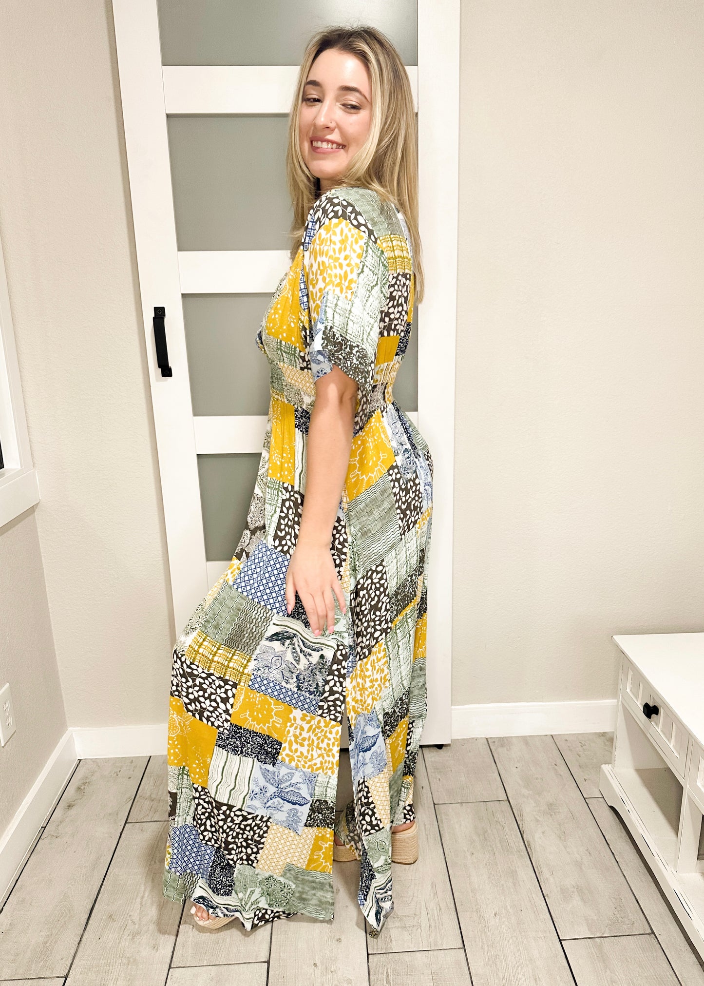 Boho Patchwork Smocked V-Neck Maxi Dress